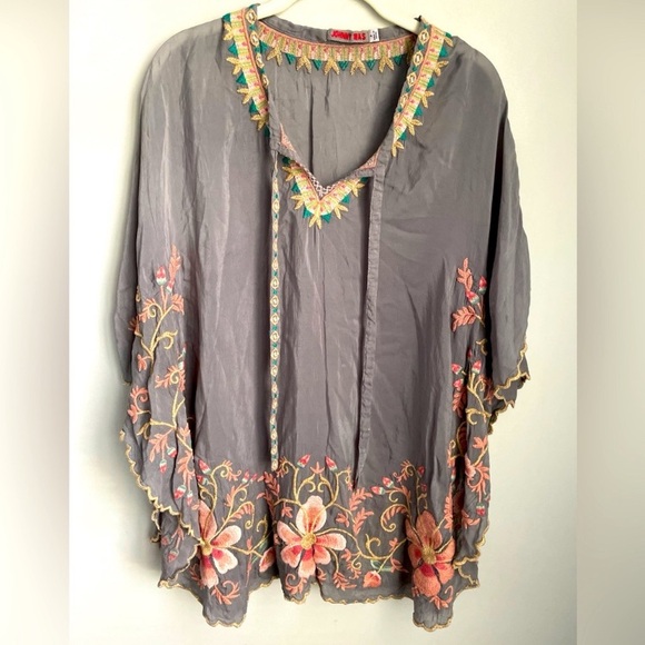 Johnny Was Tops - Johnny Was Floral Embroidered Gray Rayon Tie Neck Blouse Size Small